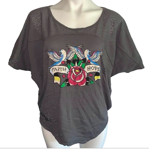 NWOT RARE Ed Hardy Grey Batwing Dove Hope/Faith Oversized Tee Cement Grey Med🕊️🌹 - Picture 13 of 13